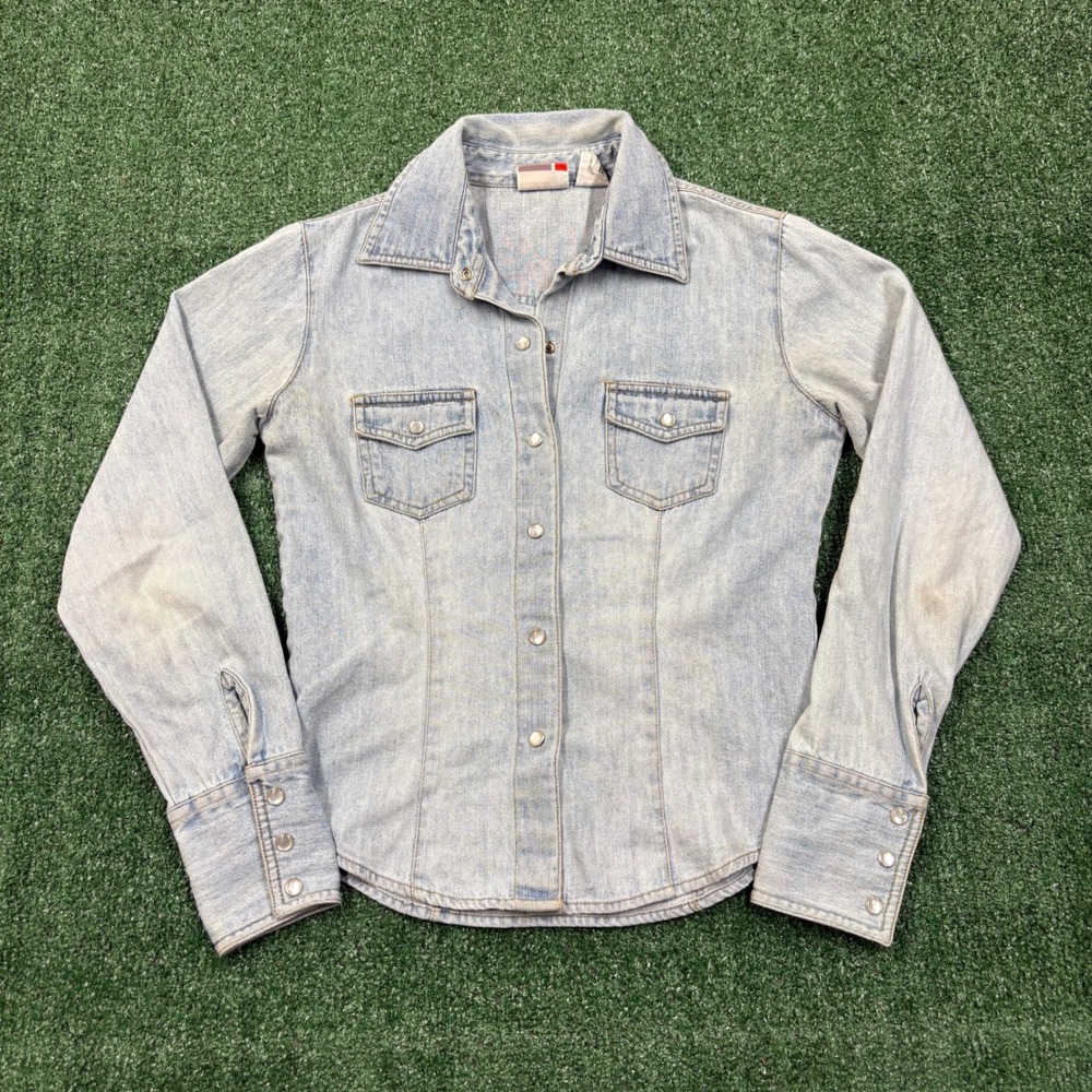 Y2K Arizona Jean Co Denim Shirt Light Wash Western Snap Button Up Small